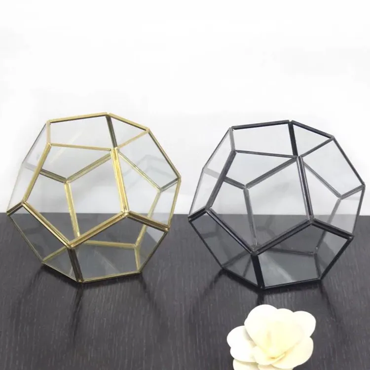 

Copper frame Geometric terrarium, art craft pentagon terrarium box, Gold black