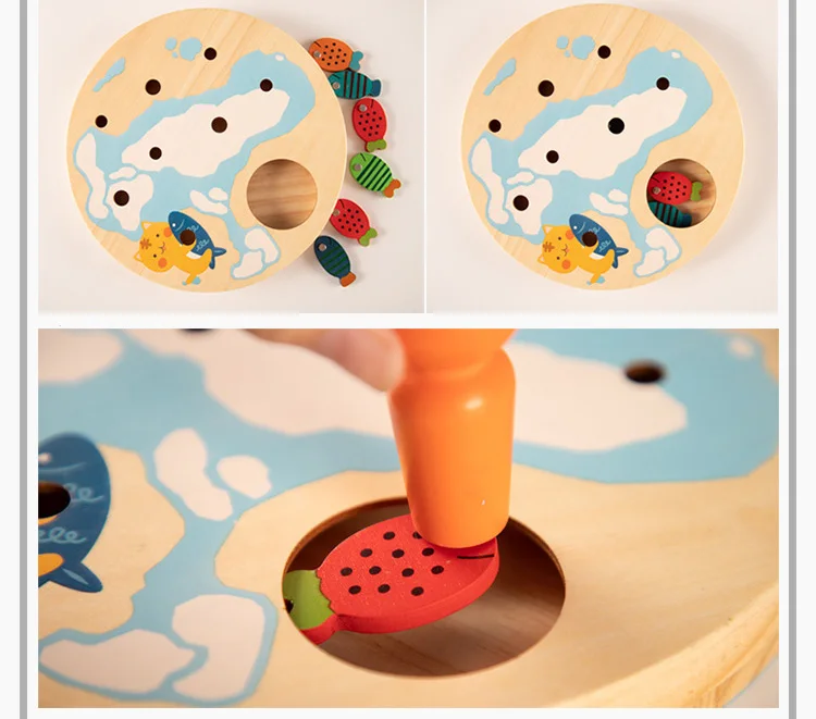 Ocean Animal Intellectual Development Baby Magnetic Fish Pond Set Wooden Fishing Toy