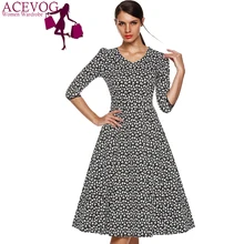 ACEVOG Marca Vestido Outono Inverno 2015 3/4 de Luva Das Mulheres Da Moda Elegante Do Vintage Estilo Rockabilly Balanço Floral Vestidos de Festa 1950 s