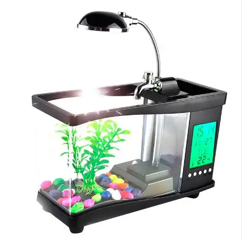 

USB acrylic mini fish tank aquarium led lighting light with alarm clock for living room bedroom desk decoration accessories, Black/white/blue/pink