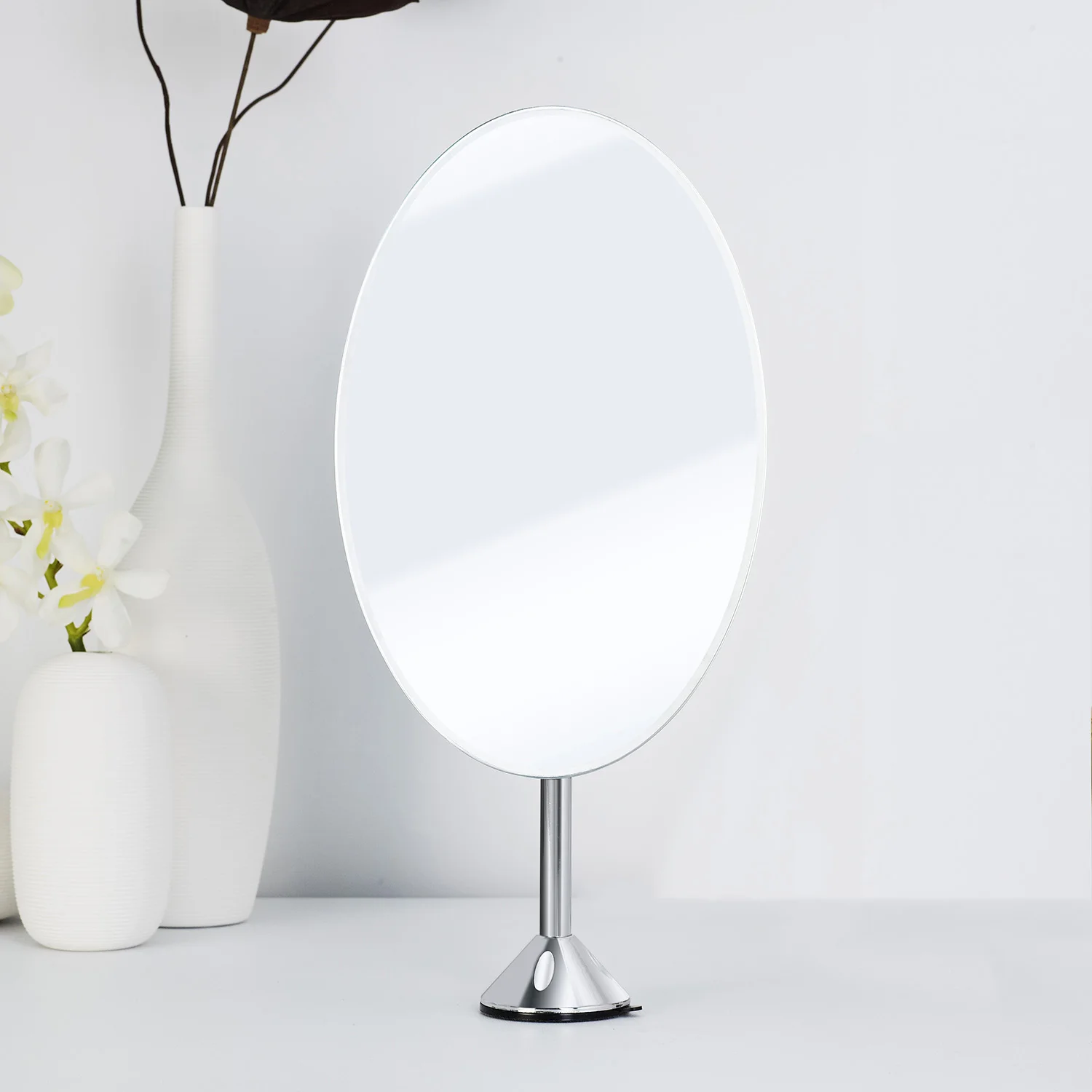 Single Side Metal Chrome Oval Shaped Countertop Stand Pedestal Cosmetic Mirror