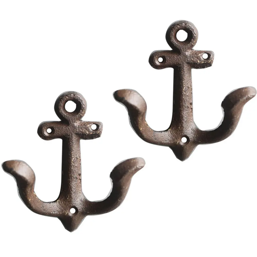 KiaoTime Set of 2 Vintage Rustic Cast Iron Nautical Anchor Design Wall Hooks Coat Hooks Rack, Decorative Wall Mounted Antique Shabby Chic Metal Home Bath Room Towel Coat Hooks Hanger (Rusty Brown)