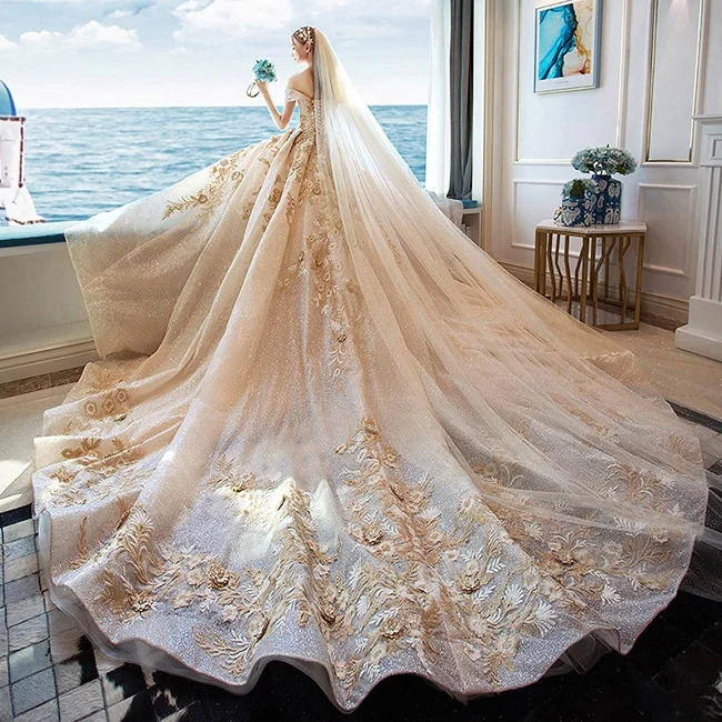 2019 best a word shoulder French princess dream gauze of marriage pulling end wedding dresses