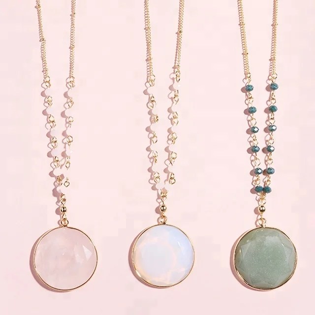 

Precious Natural Stone Beaded Chain Round opal pendant necklace For Women, N/a