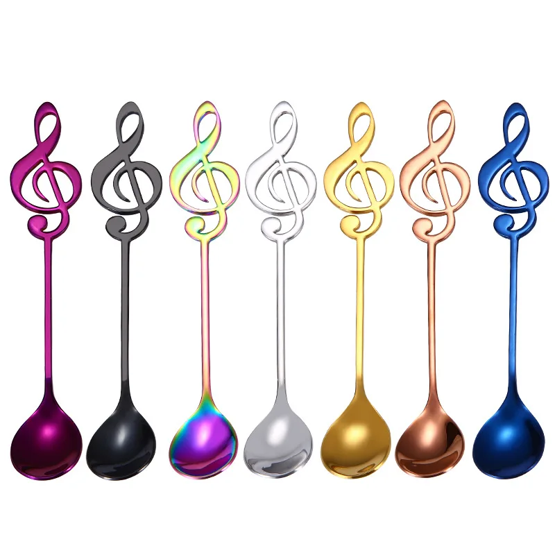 

Wholesale 304 Stainless Steel Spoon Creative Colorful Musical Notes Coffee Stirring Spoon Mug Dessert Spoon High Quality, Silver,gold,rose gold,black,rainbow,bule,purple