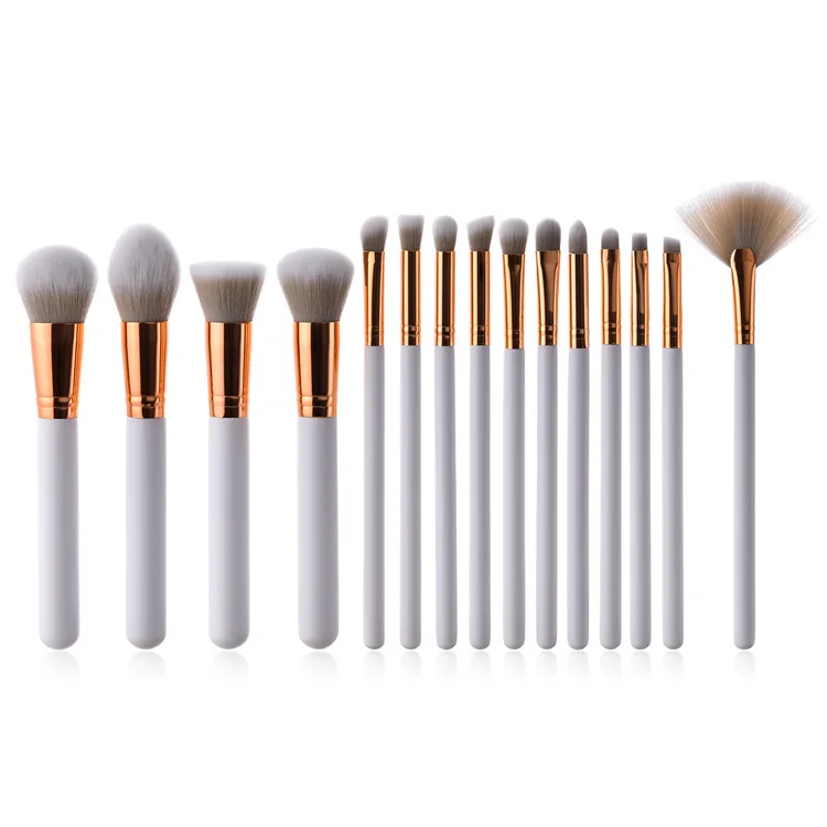 

Wholesale Private Label Professional Vegan Face Cosmetics White Makeup Brush Set 15PCS Brochas Para Maquillaje, As photos