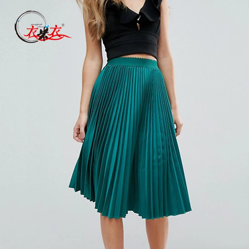 High Quality Women Clothing Elastic Waistband Satin Pleated Midi Skirt