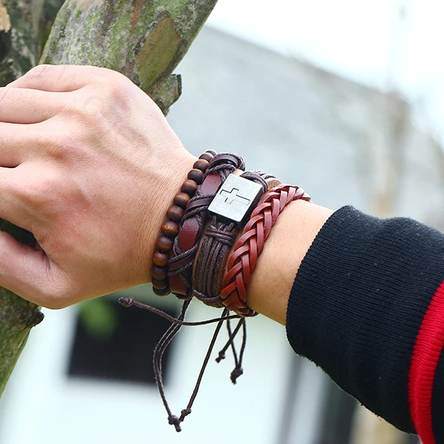 Fashion 4pcs 1 Set Punk Genuine Wrap Leather Bracelets Wrap Plain Leather Bracelets Cuff Jewelry Accessories.jpg