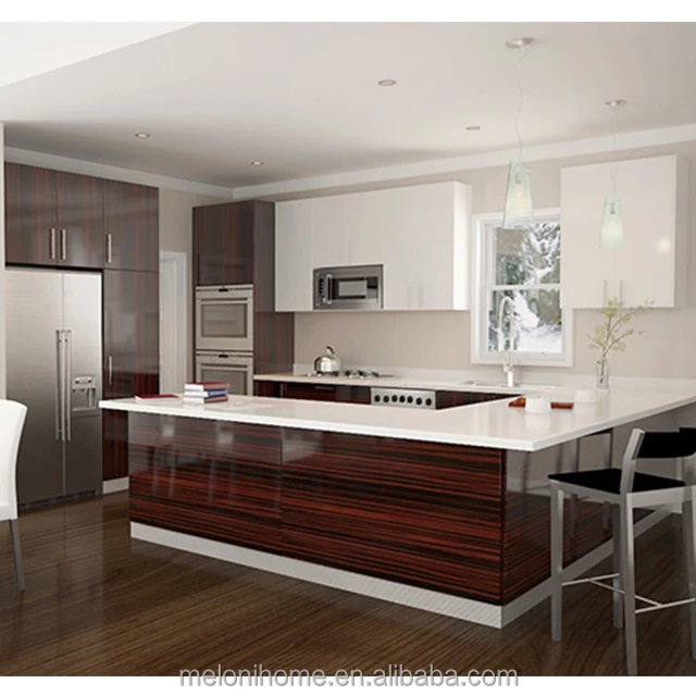 U Shape Rosewood Color High Gloss Wood Veneer Kitchen Cabinets