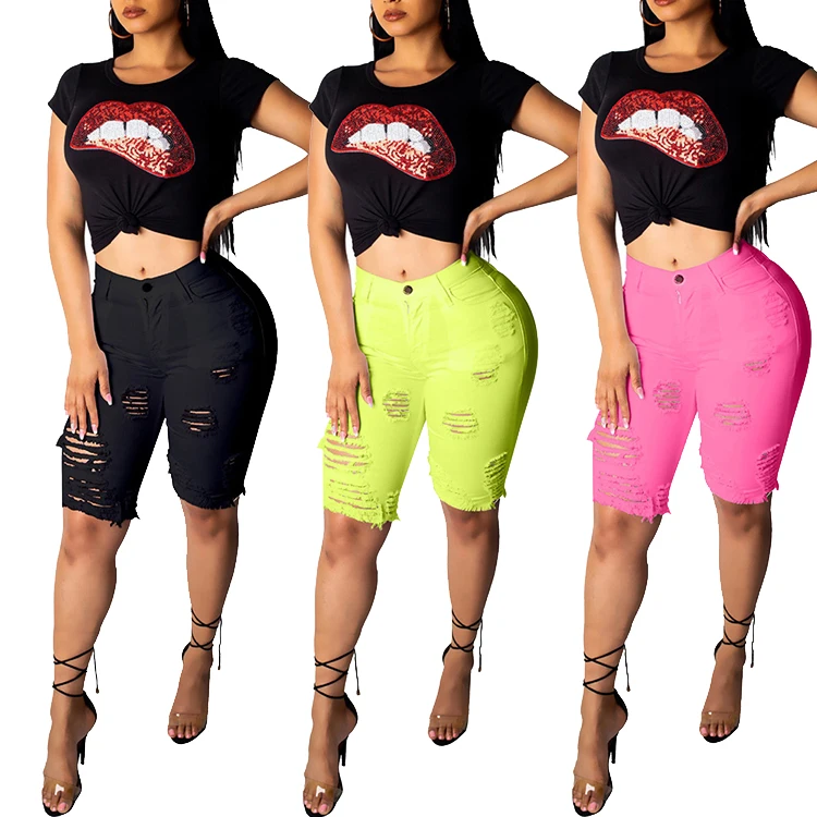 

Fashionable Black High Elastic Front Hollow Out Denim Shorts Women Fitness