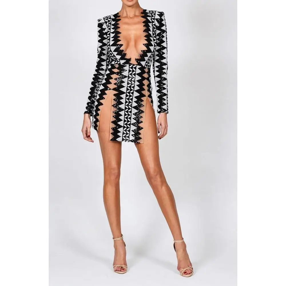 

Latest Fashion Dress Design Deep V Neck Transparent Bodycon Women Long Sleeve Dress, Picture shown