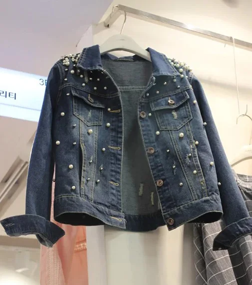 

X86244B Latest beaded 5XL oversized denim jacket women jean jacket, As picture