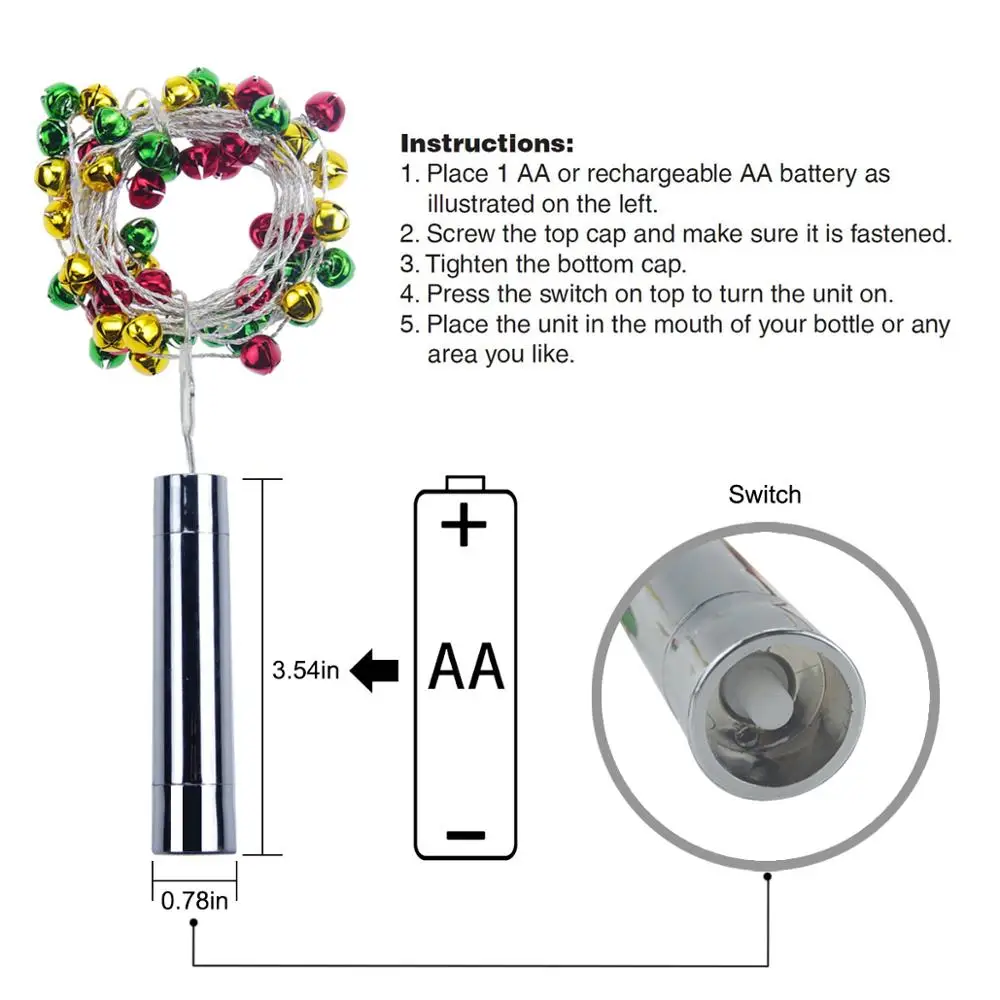 Ip44 Wine Bottle Stopper Battery Powered Copper String Light With Bells