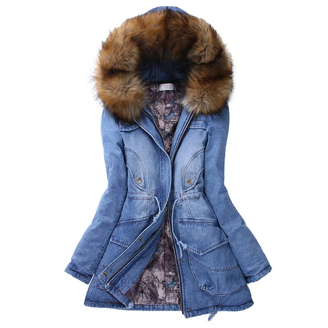 New Parkas Female Winter Padded Coat Thickening Denim Cotton Winter Long Down Jacket Hooded Outwear Fur Parkas Women