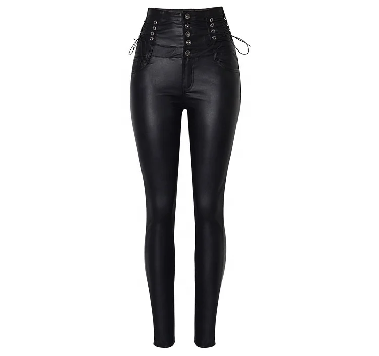 

B22985A Europe New Fashion High waist bandage imitation leather pants