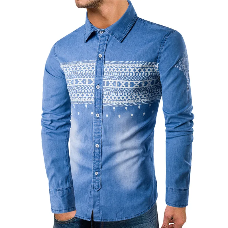 

custom casual mens long sleeve denim slim fit printed shirts