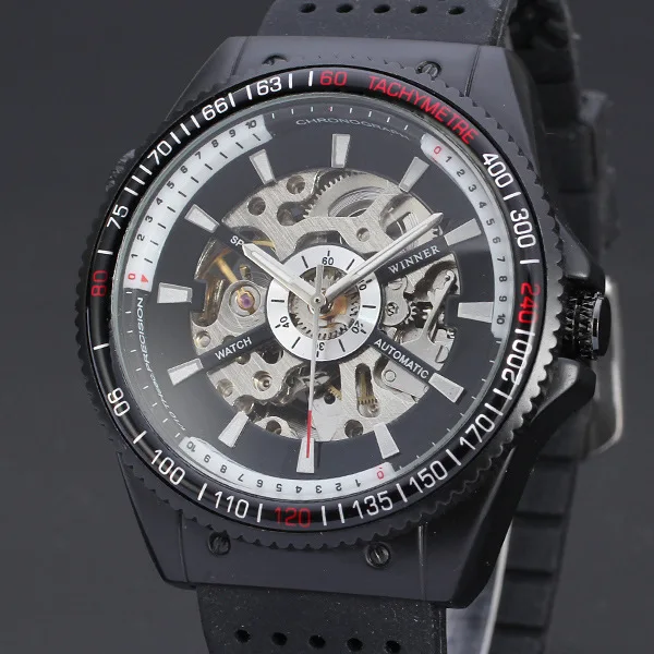 

Top Luxury Brand Men Watches Classic Black Silicone Strap Sports Mechanical Analog Man Fashion Skeleton Automatic Winner Watch