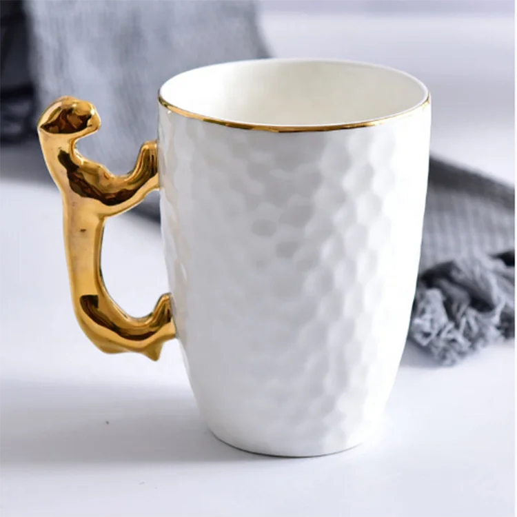 

Promotional Christmas gift fine bone china concave body creative coffee mug with gold tiger handle, White