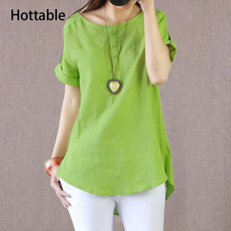 Summer Casual Linen Cotton Short Sleeve T-shirt Women Vintage Solid Color Loose Tops Tees O Neck T Shirt Ladies Plus Size M-4XL