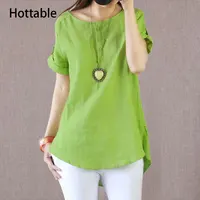 

Summer Casual Linen Cotton Short Sleeve T-shirt Women Vintage Solid Color Loose Tops Tees O Neck T Shirt Ladies Plus Size M-4XL