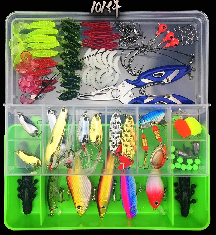 

101 pcs fishing lures set crank popper minnow pliers set with soft bait hard fishing lure kit