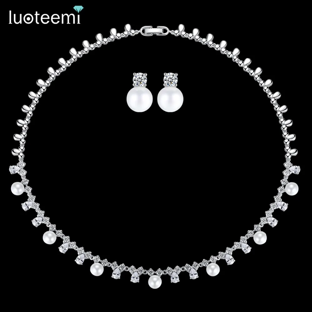 

LUOTEEMI Created Pearls Bridal Jewellery Sets Necklace Earring For Women Nobel Style Wedding Accessories Decoration Gift, N/a