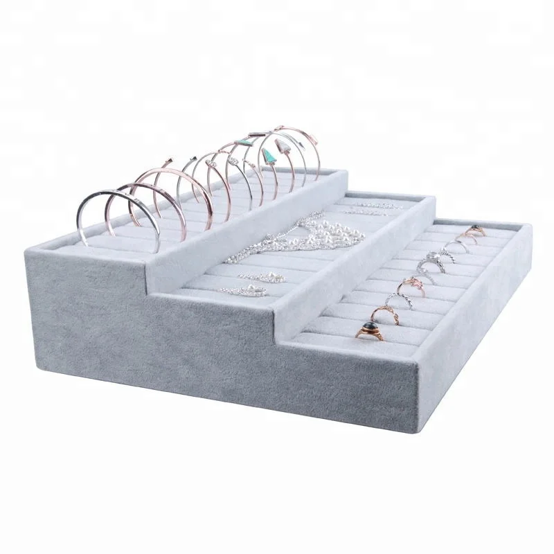 

ZHIHUA Brand Custom Three layers Of Ice Velvet Gray Bracelet Display And Ring Display