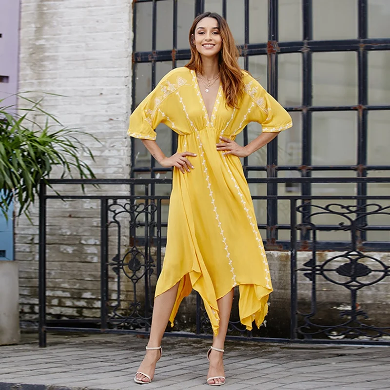 

Most popular women clothing bohemian maxi dress v neck sexy irregular hem embroidery dress, Yellow