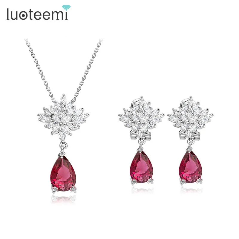 

LUOTEEMI Korean Fashion Design Luxury Noble Waterdrop CZ Crystal Women Bridal Wedding Party Earrings Necklace Jewelry Set