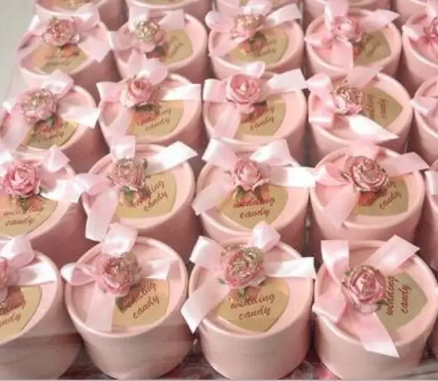 Wedding or Promotion Gift Box Light Pink Flower and Butterfly Knot Ribbon and Heart Tag on Top Light Pink Round Paper Candy Box