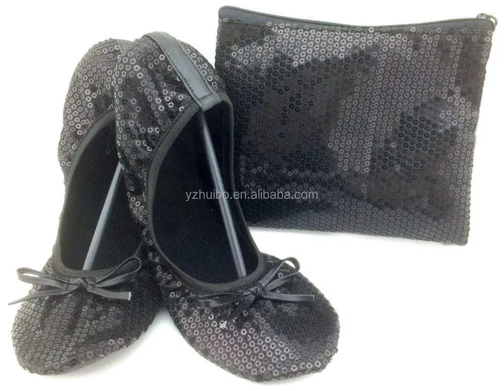 
Roll up black silver gold colors sequin ballet shoes in zip bag 