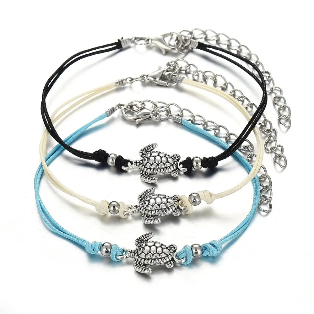

New Arrivals Bracelets Custom Jewelry Personalized 3 Colors Antique Silver Plated Sea Turtle Charm Wax Rope Bracelet Anklet, Multi-colors