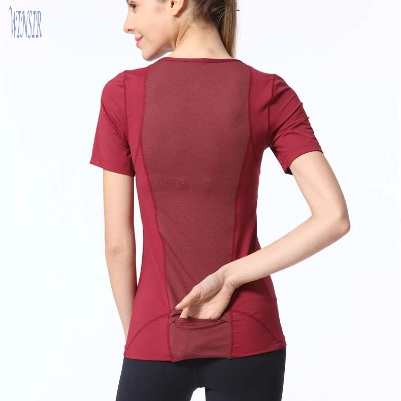 

Unbranded Nylon Spandex Yoga short Sleeve Seamless Gym Workout T Shirts With Mesh Panel Breathable Pocket Red Sweater, Eco friendly dying blank black