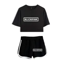 

New Blackpink Two Piece Set Summer Sexy 2019 Cotton Printed T Shirt Album Woman Suit Shorts Crop Blackpink Fashion Tops+Short