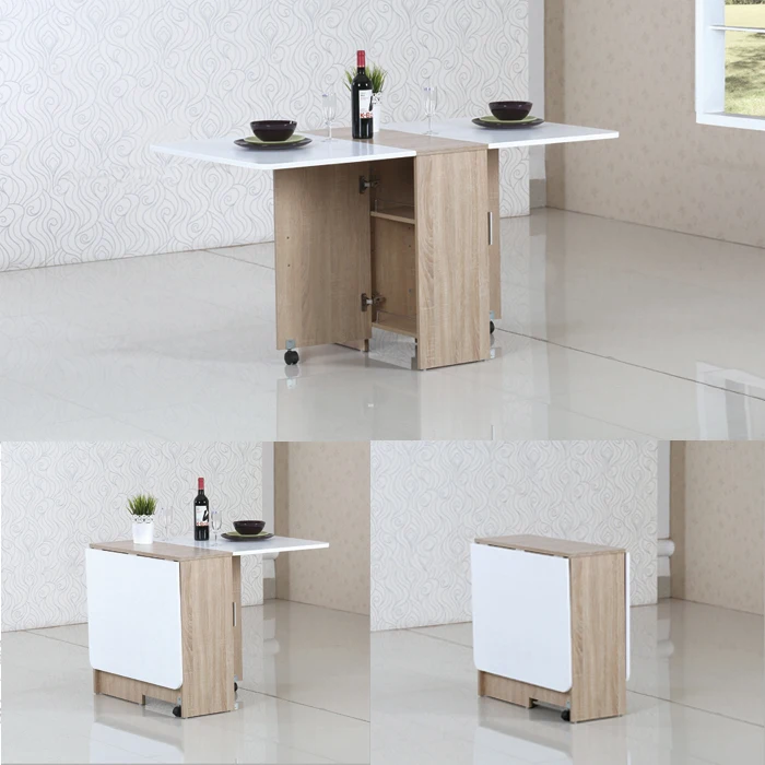 Unique design hot modern home dinner folding foldable collapsible wooden dining table set space saving with inner cabinet 