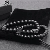 

Luxury Men Women 8mm Lava Rock Matte Agate Stone Beads Crown King Charm Stretch Bracelet