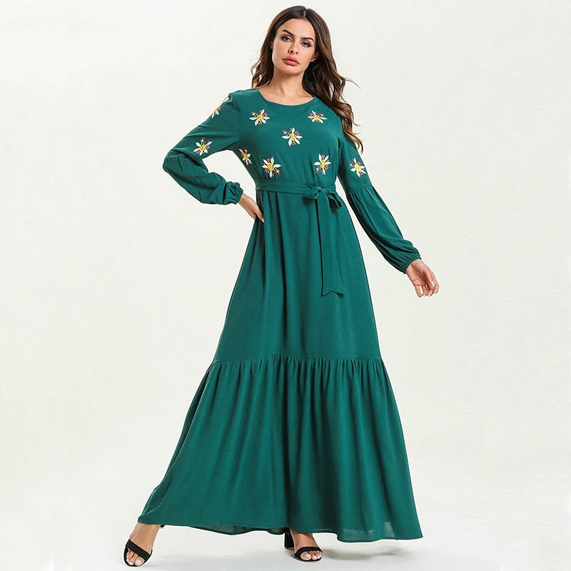 

wholesale islamic clothing abaya dress women Arab Muslim green embroidery abaya embroidered gown muslim women long dress