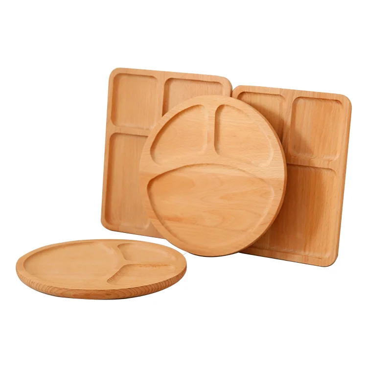 

beech wood divided serving tray children dishes kids wooden dinner plates, Natural wood color