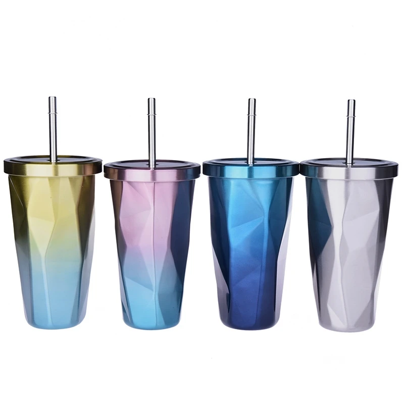 

20oz Custom Logo Stainless Steel Tumbler Cups with Straw Diamond Ice Tube Coffee Mugs, Blue, pink, yellow, silver