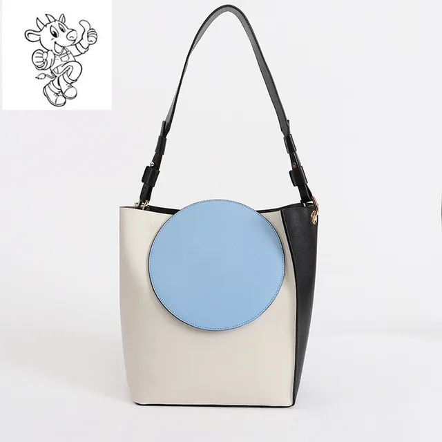

Real Genuine Leather handbag fashion bucket bag contrast color shoulder bag, Oem
