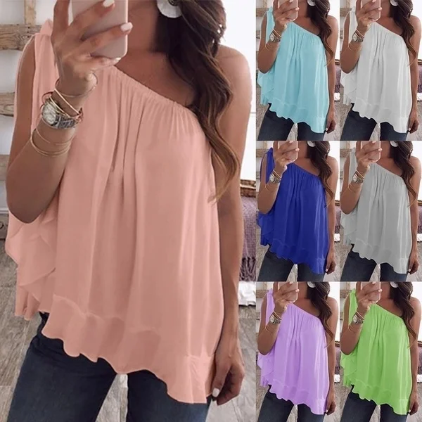 

Women's Fashion Chiffon Shirt Sleeveless Loose Tops T Shirt Plus Size S-5XL