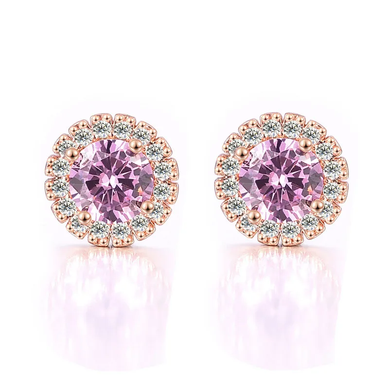 

Lovely Pink Main Crystal Shiny CZ Micro Paved Cubic Zircon Women Stud Earrings, Picture