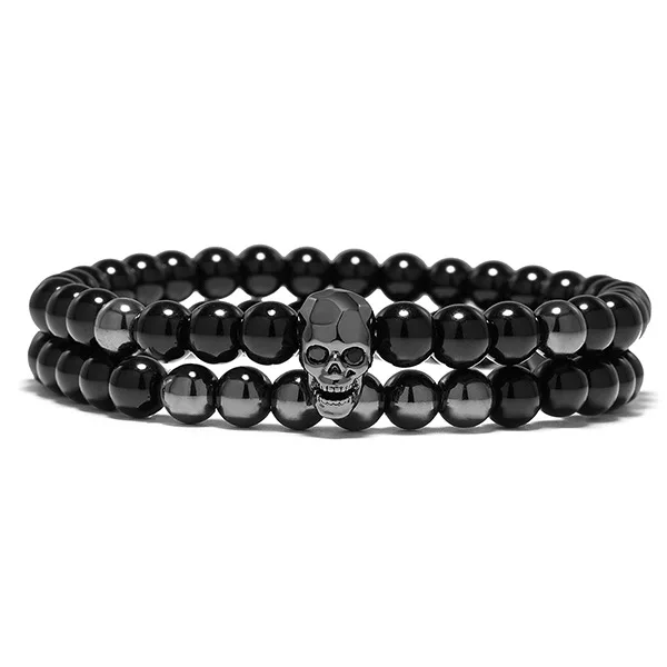 

Hot Sell 6mm Natural Black Onyx Gemstone Bead Elastic Bracelet Skull Charm Bead Bracelet, Picture