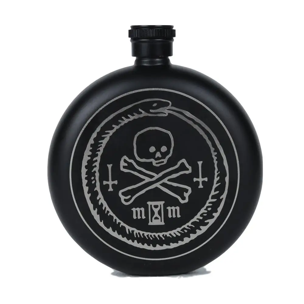 

Custom laser logo mini matte black round metal pocket hip flask for man