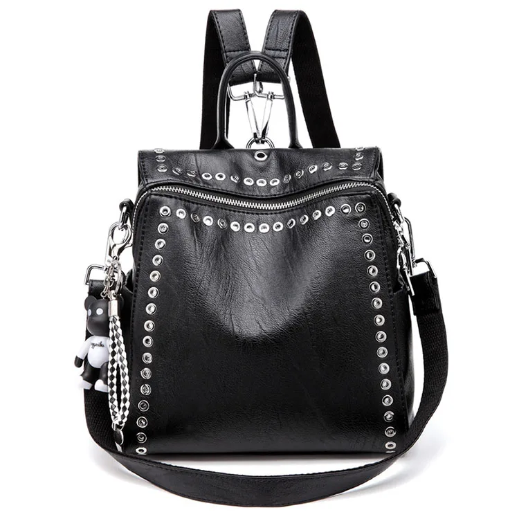

New Fashion Women Backpack Brand Designer Soft Leather Black Backpacks for Girls Rivet Bag with Bear, Black,/fashion women backpack