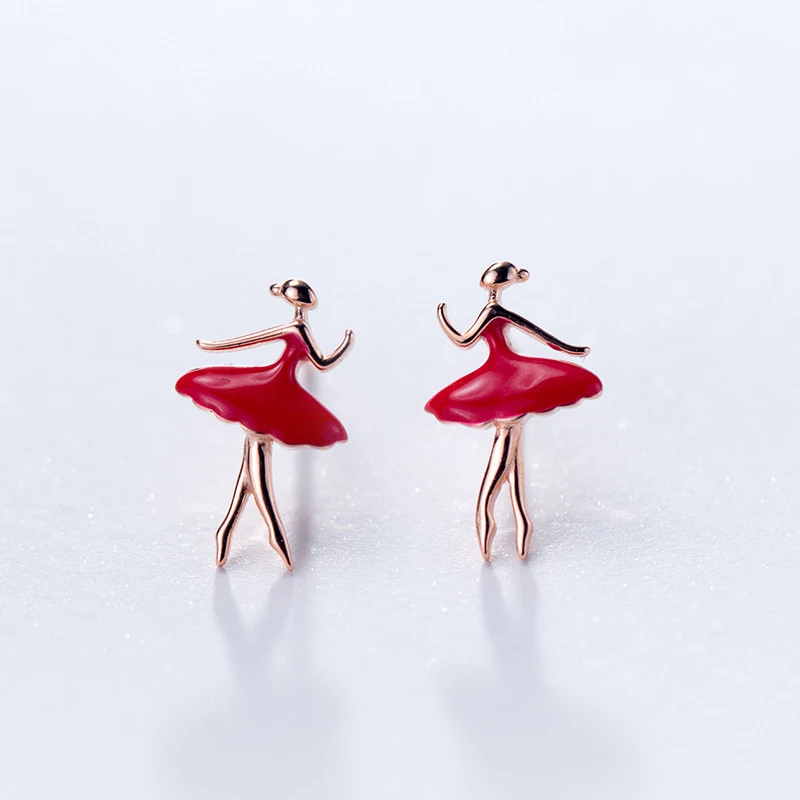 

New Trendy 925 Sterling Silver Red Skirt Ballet Dancer Girl Stud Earrings Jewelry