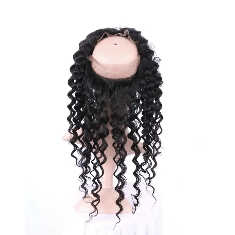 

100% Human Hair Peruvian Deep Wave Curly Hair Weaves 360 Lace Frontal With Bundles, Natural #1b 2 4 6 613 blonde ombre jet black remy with baby hair bangs
