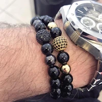 

Fashion Men 8mm Lava Rock Bracelet,8MM Black Agate Stone Beads CZ Ball Men Charm Bracelets