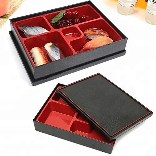 

Japanese Style 5 Compartmentals Reusable Food Containers with Lids black melamine bento box with red outer trim, Customized color