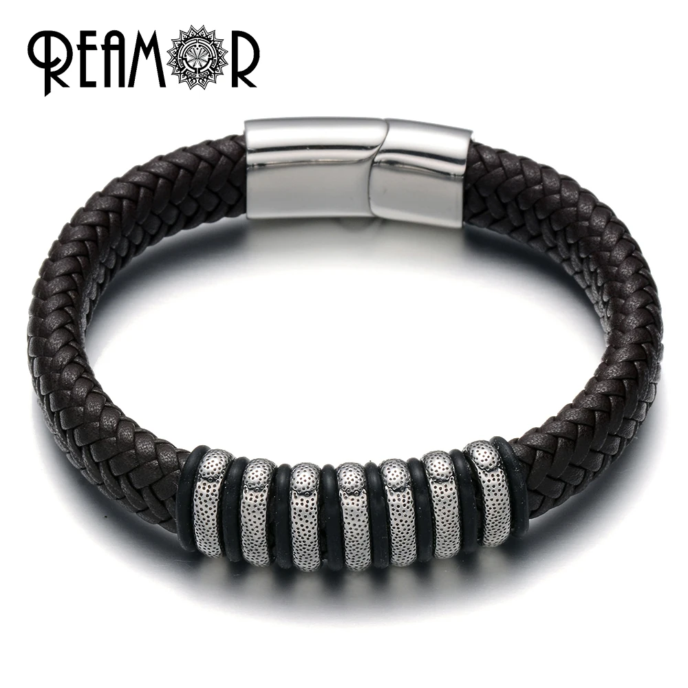 

REAMOR Lucky Seven Wide Weaved Leather Rope Male Bracelets 7 Parts 316L Stainless Steel Charms Bracelet & Bangle Fashion Jewelrt